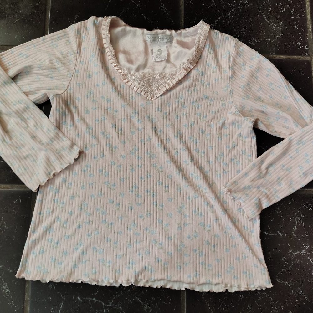 Y2k Earth Angels Floral Lace Ribbed Long Sleeve Size S Cottage Core Fairy